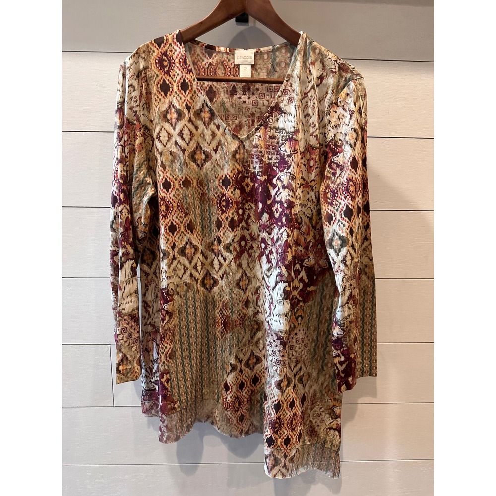 Chicos V-Neck Ikat Diamond Print Asymmetrical Sharkbite Hem Tunic Top Size 2 L